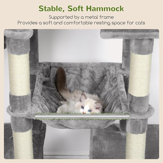 Globlazer Tall Cat Tower, 76 inch Multiple Level Cat Climbers for Indoor Cats, XL Cat Tree with 5 Scratching Posts, 2 Cat Condos, Hammock, 2 Hanging Baskets, F76B, Light Grey-PurrikoPets
