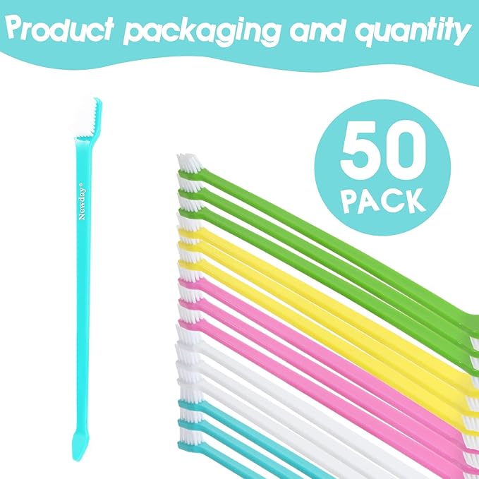 50 Pack Dual Ended Long Dog & Cat Toothbrush, Pet Safe Super Soft Bristles for Pet Dog Puppy Kitten Dental & Oral Care Teeth & Gums, Pet toothbrushes in Box, Bulk Individual polybag (Colorful)-PurrikoPets