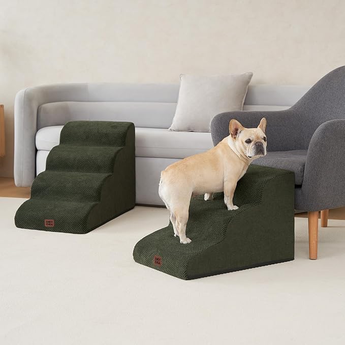 EHEYCIGA Curved Dog Stairs Ramp for Small Dogs 15.7" H, 3-Step Dog Steps for Couch Sofa and Chair, Pet Stairs for Cats, Non-Slip Balanced Pet Steps Indoor, Olive Green-PurrikoPets