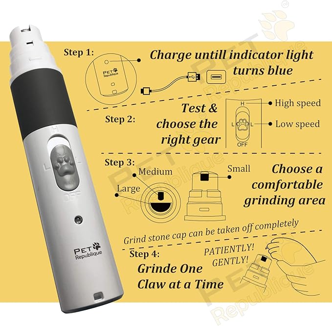 Dog Nail Grinder by Pet Republique - 2 Speed Electric Rechargeable Nail Grinder - Gentle, Quiet, Low, Painless Nail Trimmer - Multi-Setting Grinder for Any Small or Medium Dog, Cat, and Pet Claw-PurrikoPets