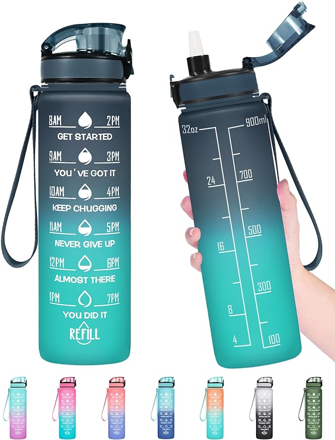 Enerbone Water Bottle, Leakproof BPA & Toxic Free, Motivational Water Bottle with Times to Drink and Straw, Fitness Sports Water Bottle with Strap for Office, Gym, Outdoor Sports-PurrikoPets