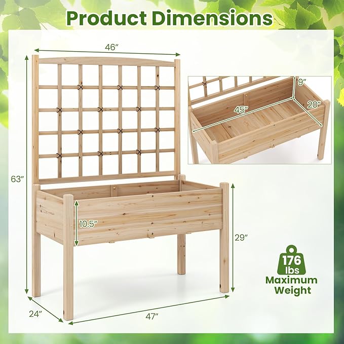 Giantex Raised Garden Bed with Trellis, Wooden Elevated Planter Box with Legs, Drainage Holes for Climbing Plants Vines Vegetables Flowers Herbs, Outdoor Horticulture Planter for Patio Yard (Natural)-PurrikoPets