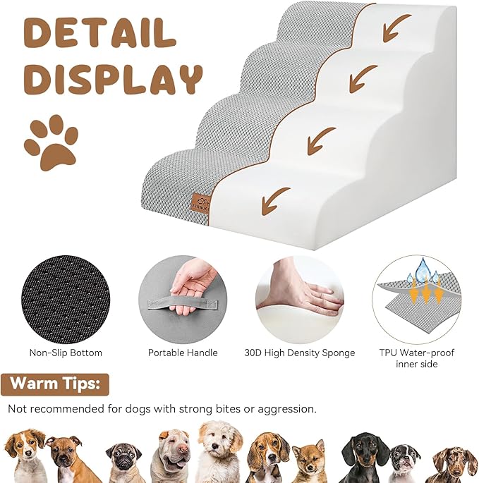 Dog Ramp and Stair for Bed 16" H-20 H,3-Step Cat Stair for Sofa and Chair,4-Step Dog Ramp for High Bed and Window,Durable Nonslip Fabric Cover for Indoor (Light Grey-20 H, Pet Friendly, 4)-PurrikoPets
