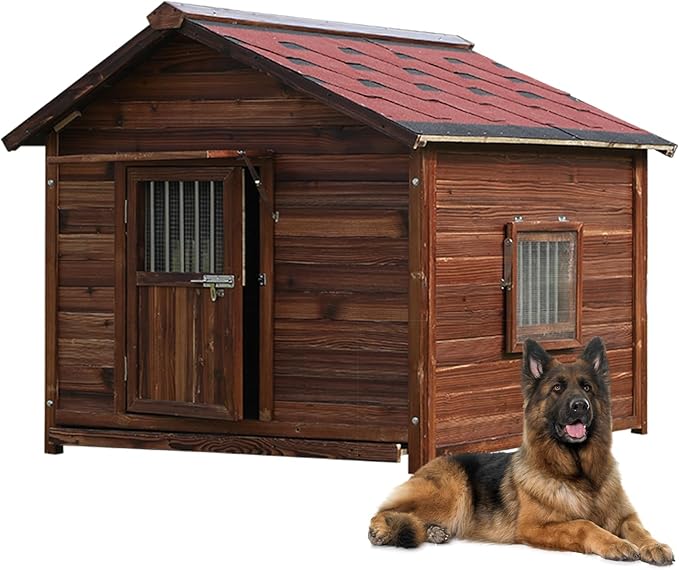 Extra Large Wooden Dog House Outdoor, Waterproof Heavy Duty Dog House Outside with Door and Adjustable Window, Large Outdoor Pet Kennel, 6XL-PurrikoPets