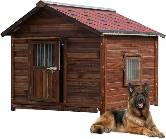Extra Large Wooden Dog House Outdoor, Waterproof Heavy Duty Dog House Outside with Door and Adjustable Window, Large Outdoor Pet Kennel, 6XL-PurrikoPets