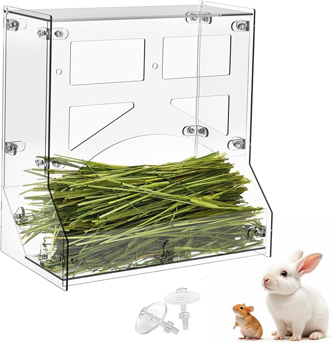 Acrylic Rabbit Hay Feeder with Lid, Transparent Hanging Food Dispenser Hay Feeder for Bunny Rabbits Guinea Pig Cage Chinchillas Hamsters Small Pets and Animals（Large-PurrikoPets