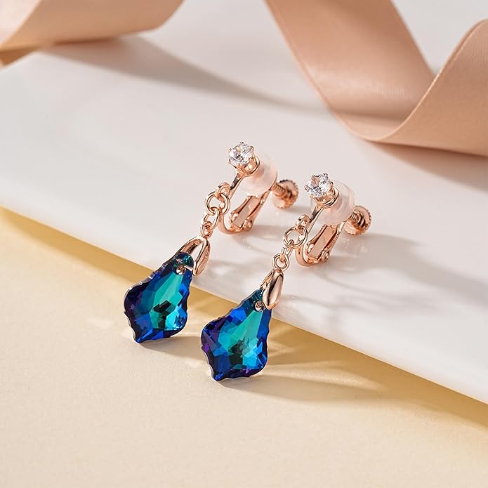 Austrian Crystal Baroque Drop Clip On Dangle Earrings for Women Non Pierced 14K Rose Gold Plated Hypoallergenic Jewelry