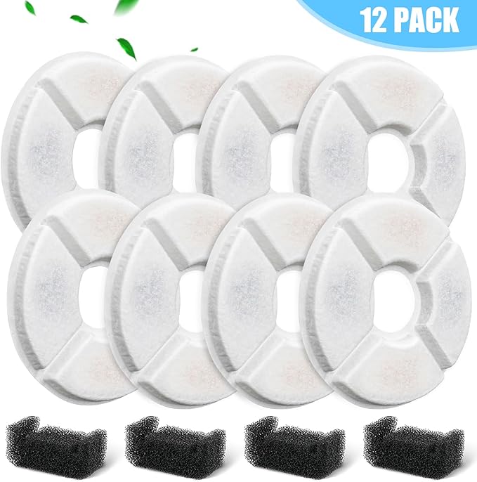 12 Pack Cat Water Fountain Filter, 8 Pcs Cat Fountain Filters Replacement & 4 Pcs Pre-Filter Sponges for 81oz / 2.4L Round Automatic Pet Water Fountain Dog Dispenser, 3-Filtration System-PurrikoPets