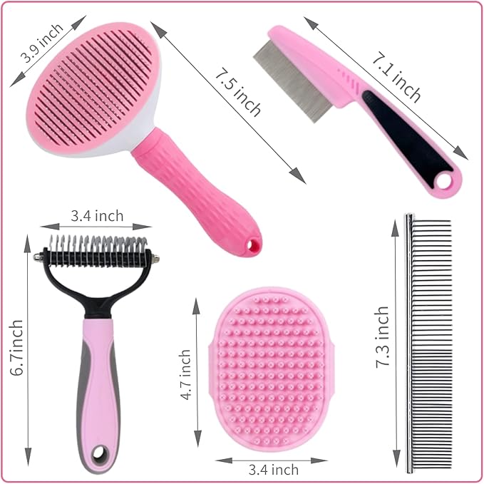Dog Grooming Kit - Deshedding Brush for Short Hair, Slicker Brush, Flea Comb, Puppy Brush Set in Pink-PurrikoPets