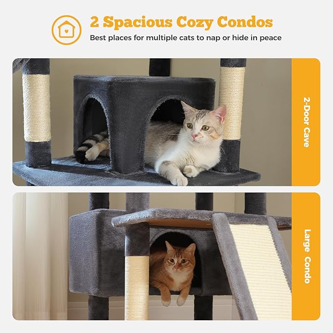 81" Heavy Duty Cat Tree for Large Cats up to 20lbs - Extra Tall Cat Tower with Metal Frame Hammock, 6 Sisal Scratching Posts, 2 Perches - Indoor Cat Furniture for Maine Coon, Dark Gray-PurrikoPets