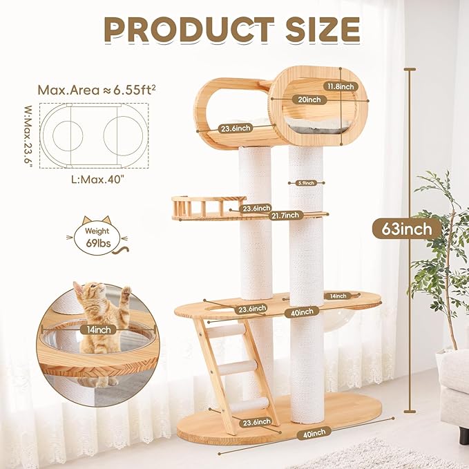 63'' Tall Modern Cat Tree for Indoor Cats, Luxury Cat Tree, Multi-Level Wood Climb Tower for Large Cat, Heavy Duty Kitty House with Transparent Bowl, Large Perches with Removable Cushion-PurrikoPets