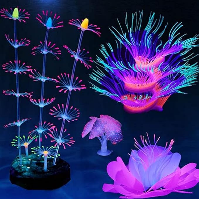 4 Pack Silicone Glowing Fish Tank Decorations Plants,Aquarium Fish Tank Glow Ornaments,Artificial Sea Anemone Coral Decor with Glowing Effect for Glow Fish Aquarium-PurrikoPets