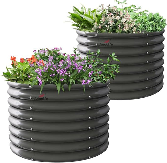 A ANLEOLIFE 2-Pack 3ft x 24” Tall Galvanized Raised Garden Beds Outdoor, Round Metal Planter Box for Planting Vegetables Flowers Herb, Anti-Rust & Easy-Setup, Quartz Grey-PurrikoPets