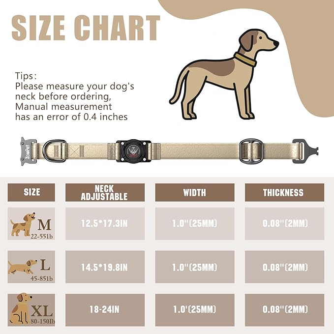 Airtag Dog Collar - Leather Dog Collar with Airtag Holder| IP68 Waterproof AirTag Holder with Metal Buckle, Comfortable GPS Dog Collars Tracker for Medium Large Dogs (Champagne Gold, L)-PurrikoPets