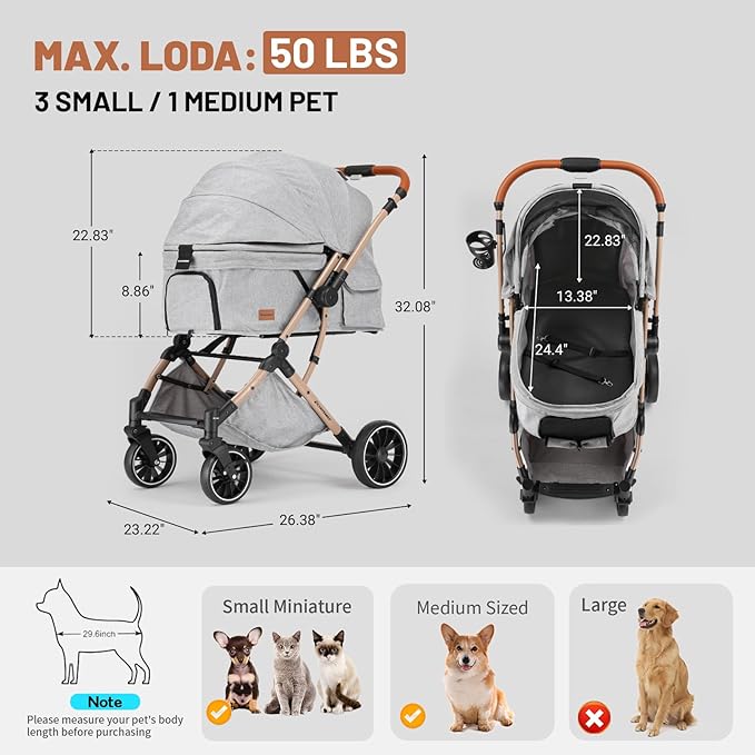 EchoSmile Small Medium Dogs Stroller 4-Wheel Pet Strollers for Medium Dogs Up to 50lbs, One Click Folding Large Cat Stroller, Reversible Handle, Shock Absorbing Wheels, Removable Washable Pad-PurrikoPets