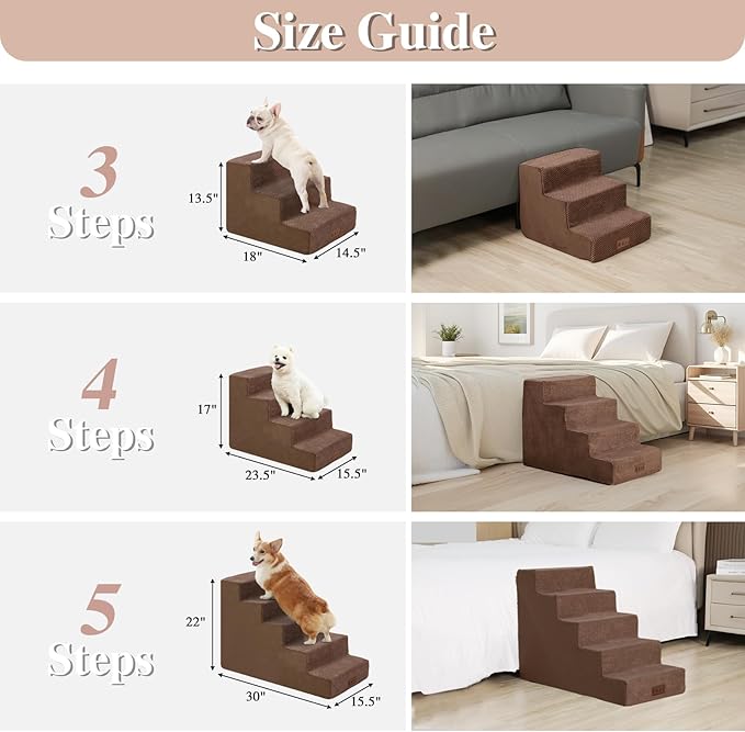 GGIB Dog Stairs for Small Dogs Cats Non-Slip Dog Steps for High Bed Pet Stairs for Sofa Couch Pet Ramp Pet Steps with Removable Washable Cover, Brown, 17" H, 4-Step-PurrikoPets