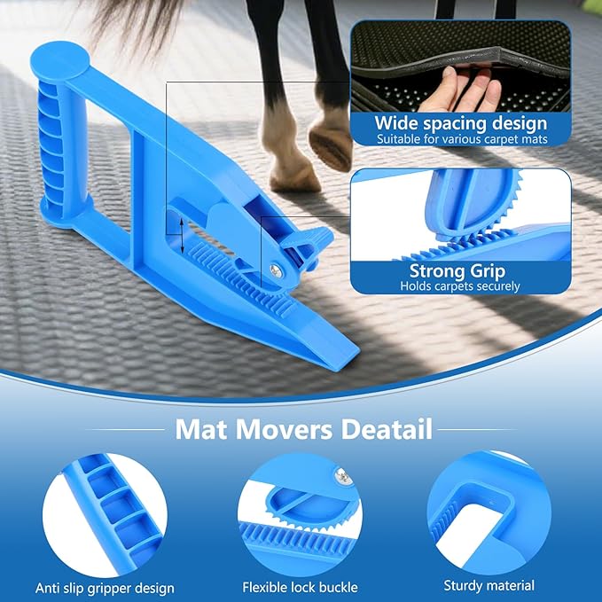 2 Piece Mat Movers Set, Heavy Duty Rubber Mat Grippers for Horse Stalls, Gym, Barn, Trailer, Stall Mat Handlers with Strong Handle and Plastic Teeth, Effortless Mat Puller for Tack Room, Barn-PurrikoPets