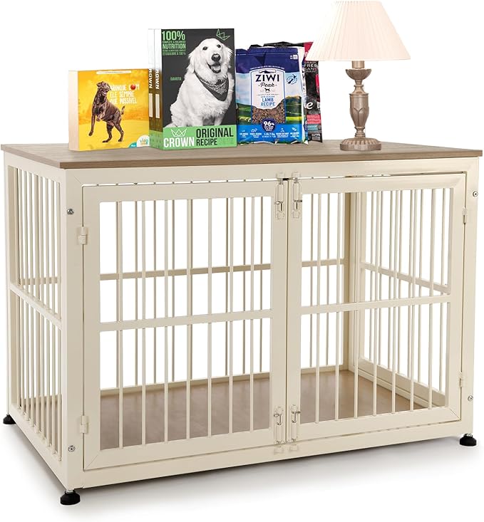 40 Inch Dog Crate Furniture for Large Medium Dogs, Wooden Heavy Duty Dog Kennel with Double Doors, Decorative Pet House Dog Cage Side End Table Indoor, Pet Cage Dog House, Beige-PurrikoPets