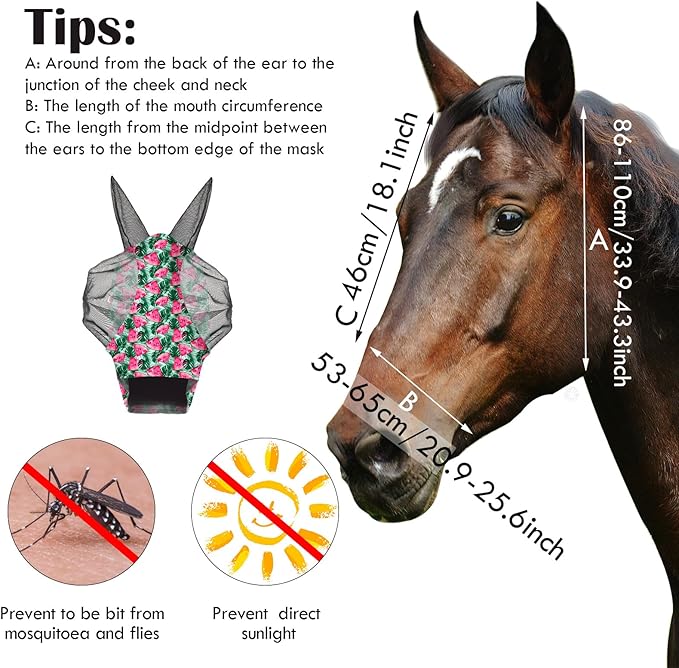 Frienda 4 Pieces Horse Fly Masks with Ears Face Covering UV Protection from Insect Pests Elasticity Smooth Comfortable Mesh Horse Mask Accessories(Fruit,Large)-PurrikoPets