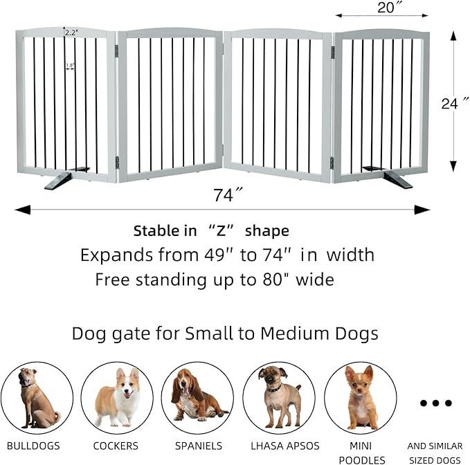 Freestanding Panel Dog Gate for Indoor, Doorways, Stairs, or Hallways - Foldable Wooden Pet Fence With Support Feet - 24" Height, 4 Panels, White-PurrikoPets