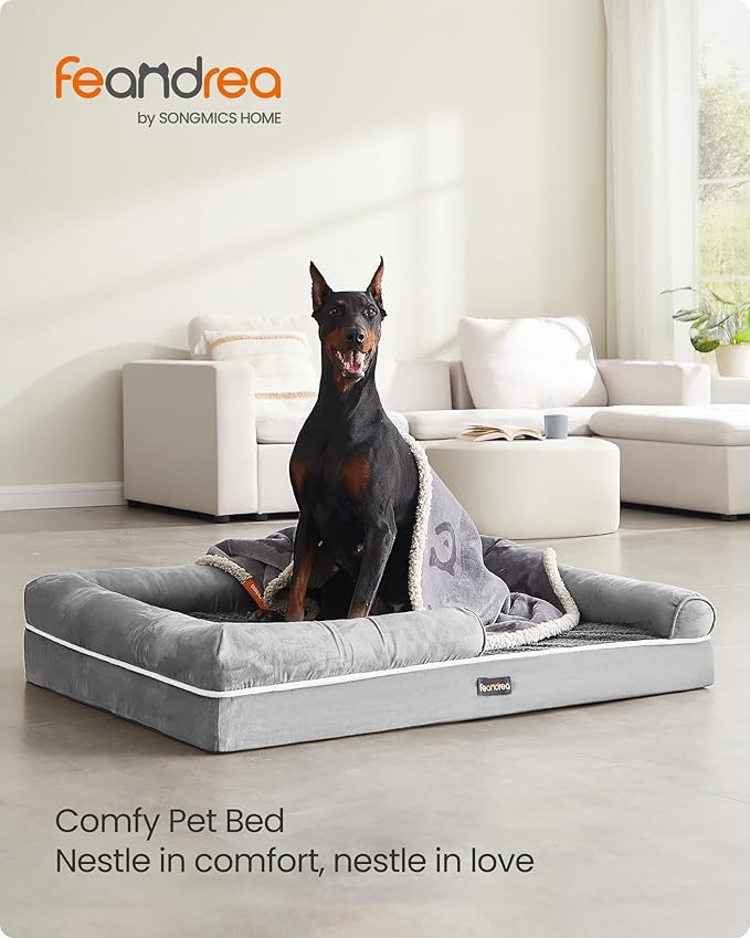 Feandrea Orthopedic Dog Bed, Large Dog Bed Waterproof, Removable Washable Cover Sofa with Non-Slip Bottom, Raised Edges, 48 x 33 x 8 Inches, Light Gray UPGW078G02V1-PurrikoPets