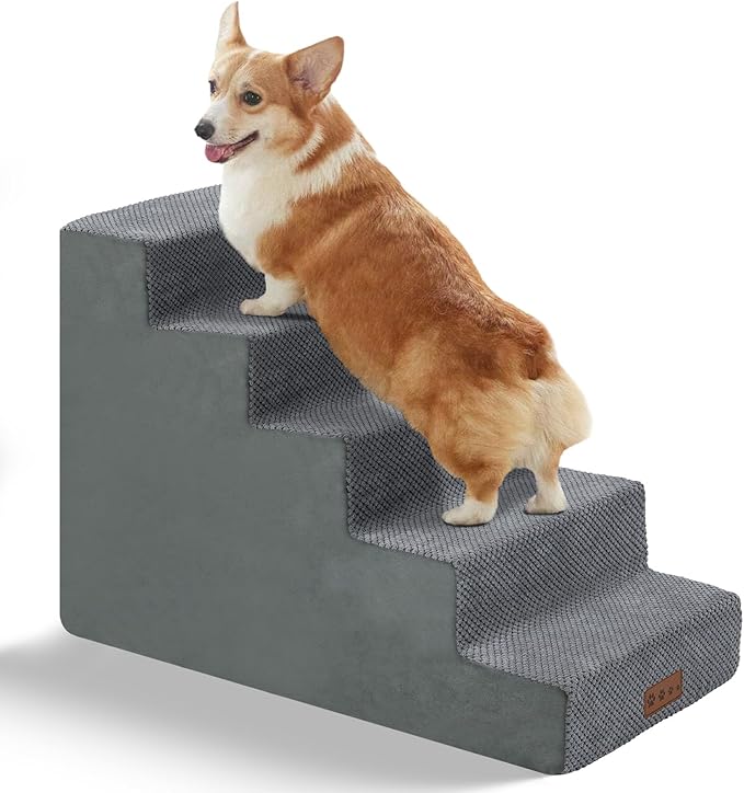 GGIB Dog Stairs for Small Dogs Cats Non-Slip Dog Steps for High Bed Pet Stairs for Sofa Couch Pet Ramp Pet Steps with Removable Washable Cover, Grey, 22" H, 5-Step-PurrikoPets