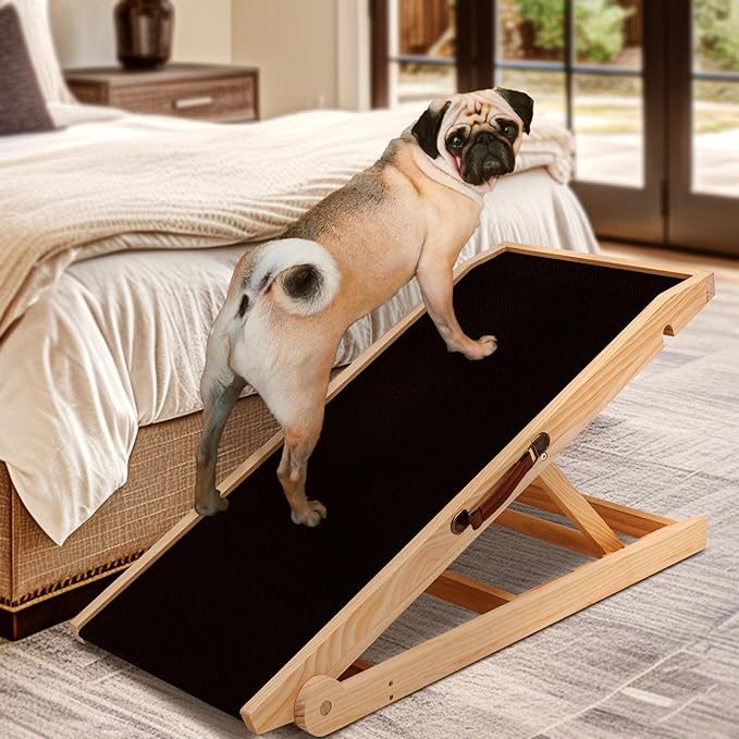 Dog Ramp for Bed, Adjustable Pet Ramps for Dog to Get on Bed, Non-Slip Rubber Surface - Folding Wooden Dog Ramp for Small/Large/Old Dogs, Adjustable up to 19.5 inch High Beds-PurrikoPets