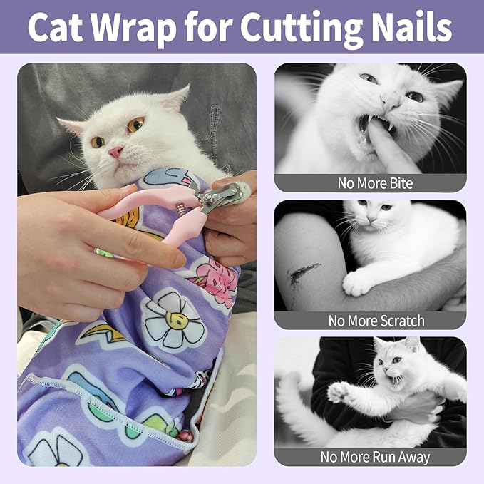 27.6" Cat Grooming Wrap,Self-Adherent Cat Wrap for Cutting Nails,Anti-Escape Cat Swaddle Wrap,Multifunctional Anti-Scratch Cat Restraint Wrap for Medicine,Nail Clipping,Ear Cleaning(Within 15lbs)-PurrikoPets