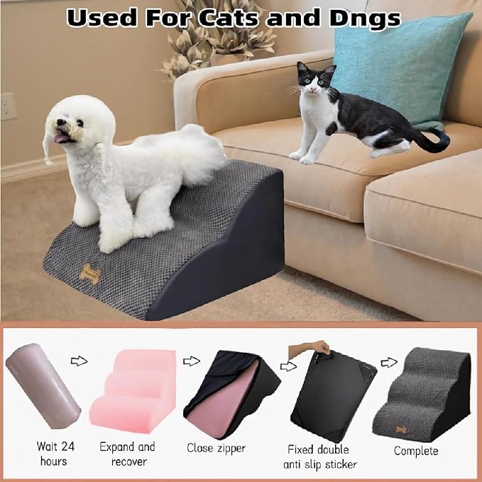 Dog Stairs for High Beds Couches 2-Step 2-5 Step Pet Stairs Steps for Small Large Dogs Cats Non-Slip Balanced Ramp Indoor Stairs with Non-Slip Sticker 30D Grey-PurrikoPets