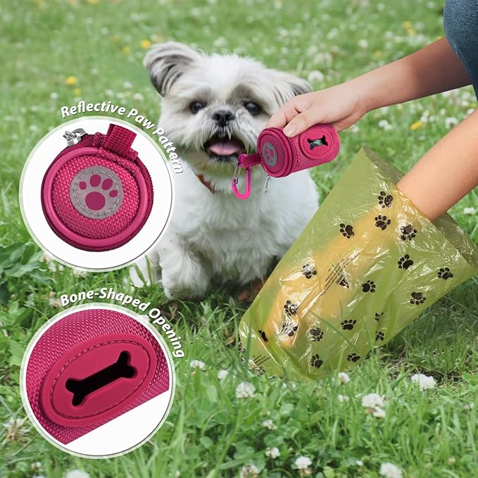 Dog Poop Bag Holder for Leash Doggie Waste Bag Dispenser Soft Fabric Puppy Potty Carrier Small Doggy Zipper Pouch with Carabiner Clip 1680D Nylon Oxford with 1 Roll of Pet Trash Bags, Rose Red-PurrikoPets