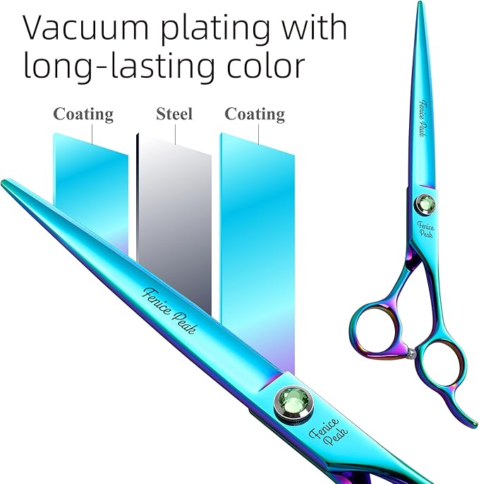 Fenice Peak 7.5'' Green Straight Dog Grooming Scissors Pet Shears with Ergonomic Offest Handle and Simulated Emerald Screw 440C Grooming Scissors Trimming Shears Durable and Sharp-PurrikoPets