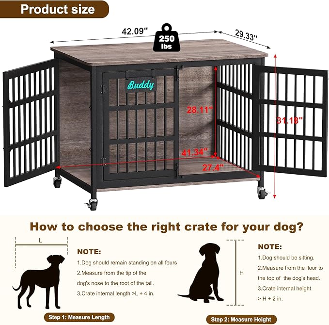 EasyCom 42"/41"/33" XL Dog Crate Furniture with Casters, Heavy Duty Dog Kennel Indoor for Large and Medium Dogs, Double-Doors Sturdy Dog Cage for Anxiety Dog, Decorate House as TV Stand, Bedside Table-PurrikoPets