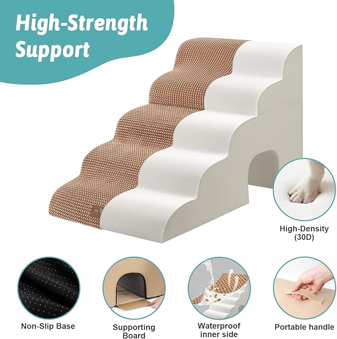 Extra Wide Dog Stairs with Tunnel, Detachable Large Pet Step for Small Medium Dog, Puppy or Cat, Ramp for High Bed, Couch, Sofa or Car, Stable, 19.7x33x22.4 inch, 5 Step, Light Brown-PurrikoPets