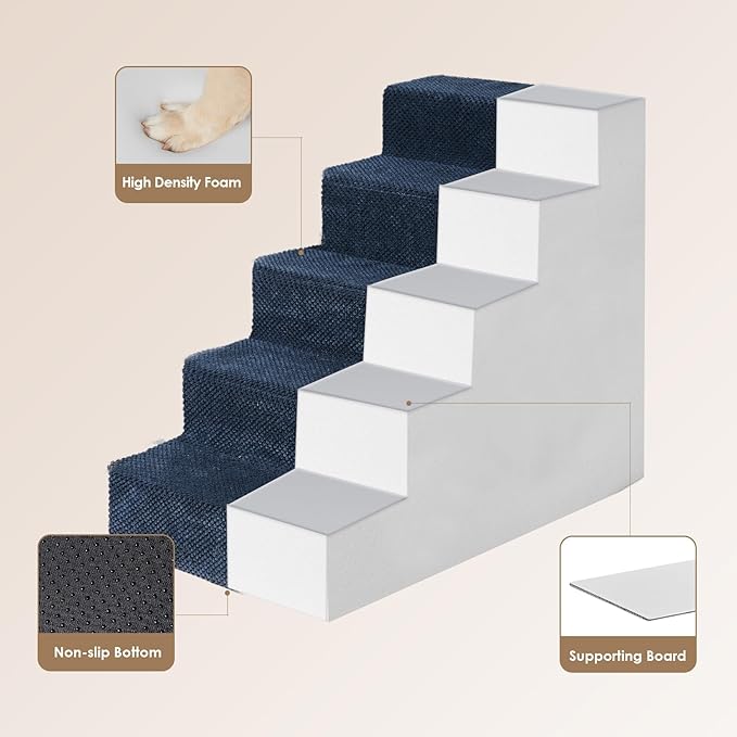 EHEYCIGA Dog Stairs for High Bed 22.5" H, 5-Step Dog Steps for Bed, Pet Steps for Small Dogs and Cats, Non-Slip Balanced Pet Ramp Indoor, Navy Blue-PurrikoPets