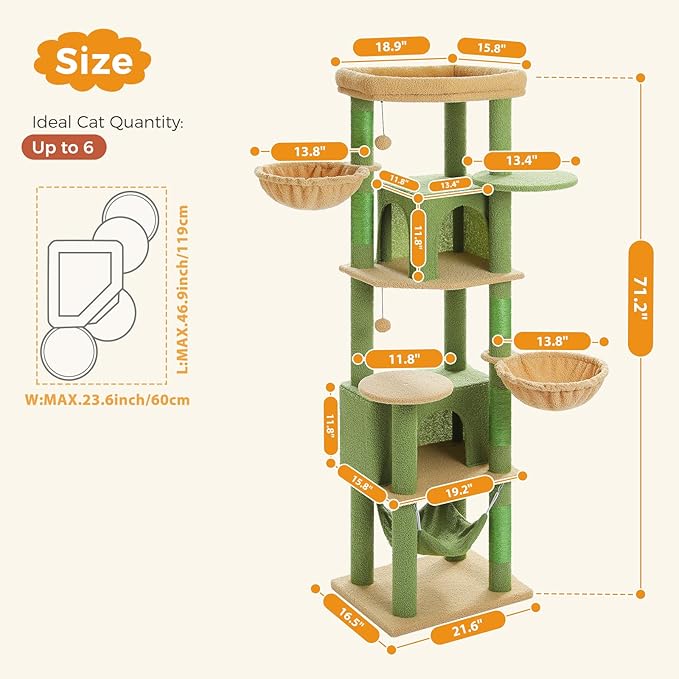 71.2" Large Cat Tree for Multi-Cat Households - 9-Level Cat Tower w/5 Sisal Scratching Posts, 2 Condos, Soft Hammock, Top Perch & Pom Poms - Heavy-Duty Space-Saving Design, Cactus Green-PurrikoPets