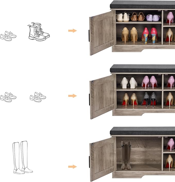2-Tier Storage Bench, Shoe Bench with Padded Seat Cushion, Entryway Bench with 2 Barn Doors, Adjustable Shelf, 13.8" D x 39.4" W x 17.7" H, for Entryway, Living Room, Bedroom, Greige-PurrikoPets