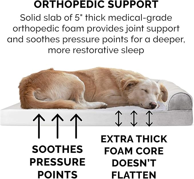 Furhaven Orthopedic Dog Bed for Large Dogs w/ Removable Bolsters & Washable Cover, For Dogs Up to 125 lbs - Faux Fur & Velvet Sofa - Smoke Gray, Jumbo Plus/XXL-PurrikoPets