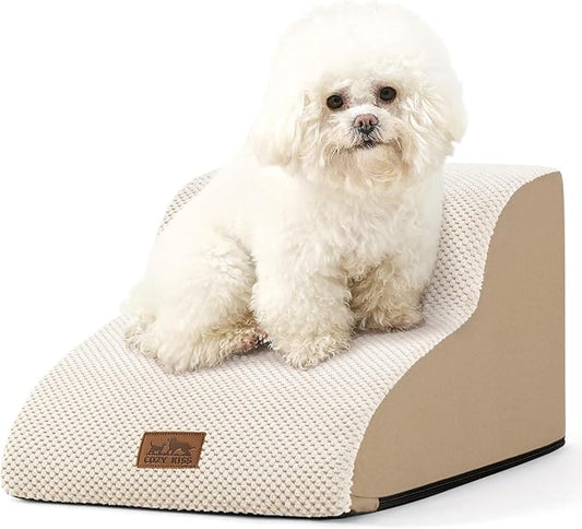Dog Stairs for Small Dogs 11.8" H, Pet Step with Leakproof Cover, High Density Foam Cat Ramp for Chair or Sofa, Lightweight, Durable, Comfort, 15.7x19.7x11.8 inch, 2 Tiers, Beige-PurrikoPets