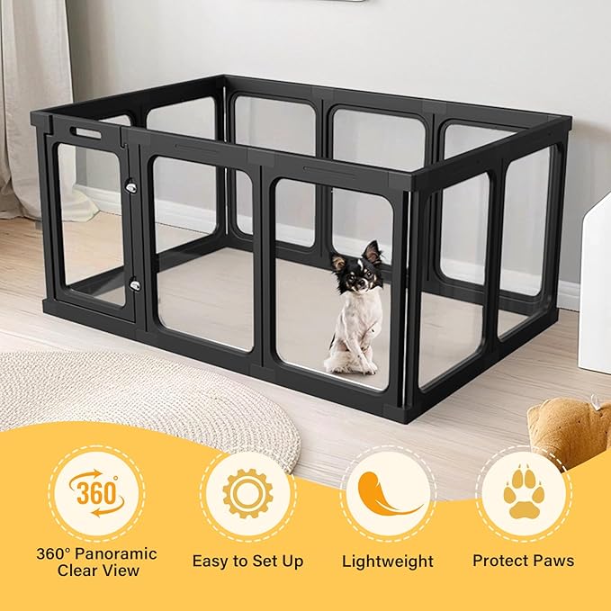 Acrylic Clear Dog Play Pen Indoor, Plastic Puppy Playpen with Door, Clear PlayPen for Dog Cat Rabbit Ferret, Easy Assemble Pen, Preferable Small Cage, 23.6" H, 10PCS, Black-PurrikoPets