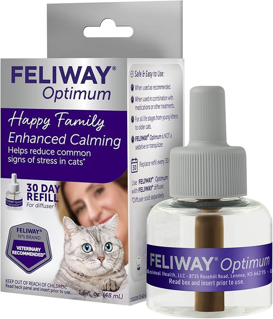 FELIWAY® Optimum 30 Day Cat Calming Refill for Pheromone Diffuser, 48ml - Helps Reduce Common Signs of Stress in Cats & Kittens, Enhanced Calming-PurrikoPets
