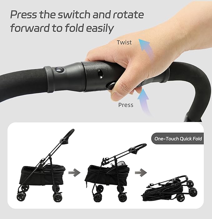 4 Wheels Pet Stroller,One-Click Folding Portable Folding Dog Cat Stroller,Sunshade, Storage Bag, Waterproof Oxford Fiber，Breathable and Visible Mesh for Small/Medium Pets up to 33 lbs,Black ﻿-PurrikoPets