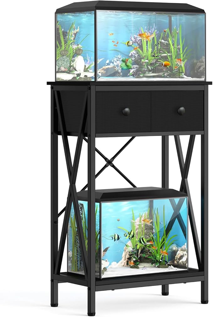 Fish Tank Stand for 5-10 Gallon Fish Tank: Aquarium Stand with Power Outlet - Metal 10 Gallon Tank Stand with Cabinet Drawer Storage for Turtle Tank, Reptile Terrarium (Black, 220LBS Capacity)-PurrikoPets