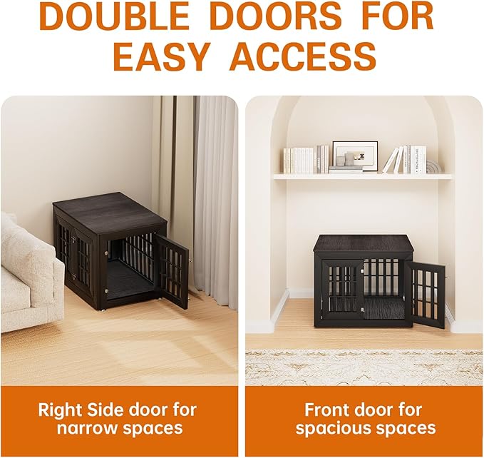 32" Heavy Duty Dog Crate Furniture for Small,Medium and Large Dogs,Rustic Wooden Dog Cage Kennel Indoor Furniture with Waterproof Top,Decorative Pet House Side End Table (Black & Grey)-PurrikoPets