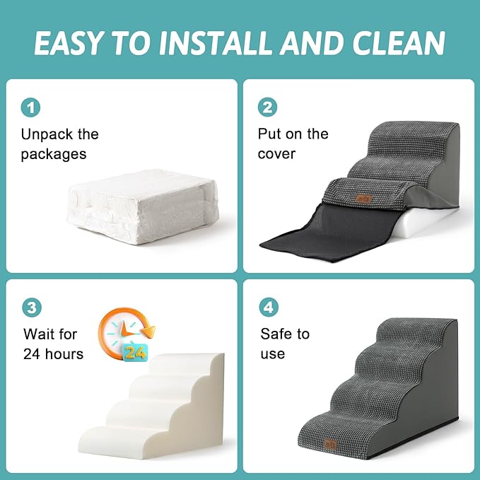 Dog Stairs for Small Dogs 19.7" H, Curved Dog Step for Puppy, Older or Cat, Medium Pet Ramp for Sofa, Couch or Bed, Ladder with High Density Foam, 15.7x28.3x19.7 inch, 4 Step, Dark Grey-PurrikoPets