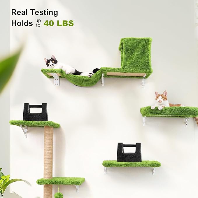 FUKUMARU Cat Wall Shelves, Stable & Safe 4 in 1 Cat Furniture Set, Wooden Climbing Wall with Scratching Post, Bridge and Bed, Stylish Jungle Gym for 16 Inch Drywall - Green-PurrikoPets