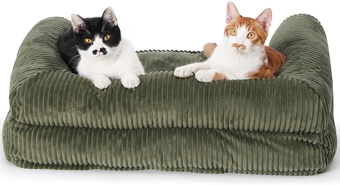 FUKUMARU Dog Couch Bed, Corduroy Cozy Cat Bed for Indoor Cats with Washable Cover, Supportive Waterproof Dog Beds Sofa for Small Dogs and Large Cats Cute, 28inch, Medium, Green-PurrikoPets