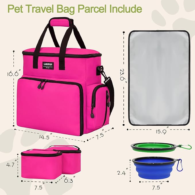 Dog Travel Bag,Weekend Pet Travel Bag Set for Dog and Cat,Airline Approved Tote Multi-Function Dog Bags for Traveling,Include 2 Collapsible Bowls,2 Food Storage Containers,1 Feeding Mat,Red-PurrikoPets