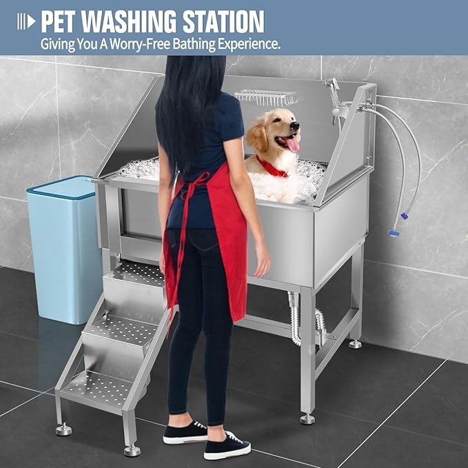 38" Pet Dog Bathing Station W/Ramp, Professional Stainless Steel Dog Grooming Tub W/Soap Box, Faucet,Rich Accessory, Dog Bathtub for Large,Medium,Small Pets, Washing Sink for Home,L-RAMP-PurrikoPets