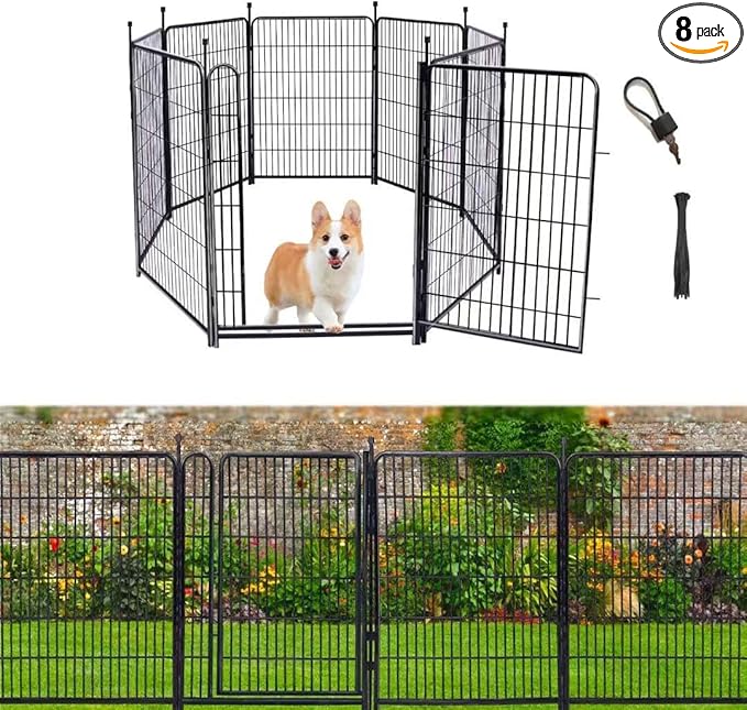 Garden Fencing 48in High, 8 Panels Total 17.7 Ft(L) Dog Fence Outdoor for Yard, Gate 21 in Wide with Low Sills. Lattice Panels for Outside, Dog Digging Fence Barrier, Garden Fences and Borders-PurrikoPets