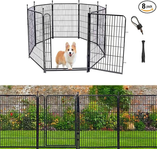 Garden Fencing 48in High, 8 Panels Total 17.7 Ft(L) Dog Fence Outdoor for Yard, Gate 21 in Wide with Low Sills. Lattice Panels for Outside, Dog Digging Fence Barrier, Garden Fences and Borders-PurrikoPets